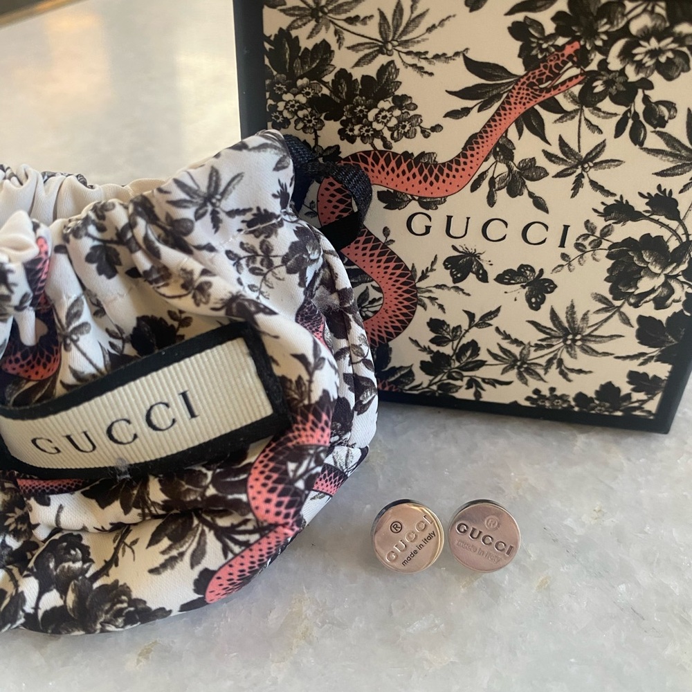 Gucci 925 Silver Logo Round Stud Earrings- New - Picture 2 of 5
